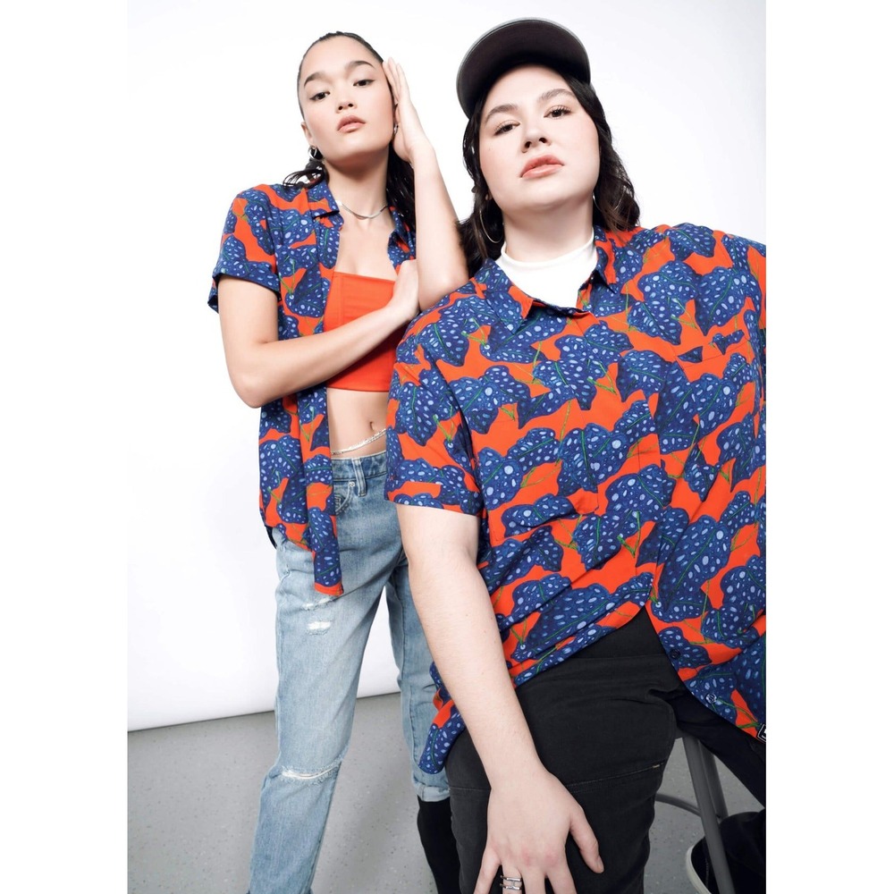 Wildfang The Empower Button-Up Top – Foliage Blue Red Small NEW